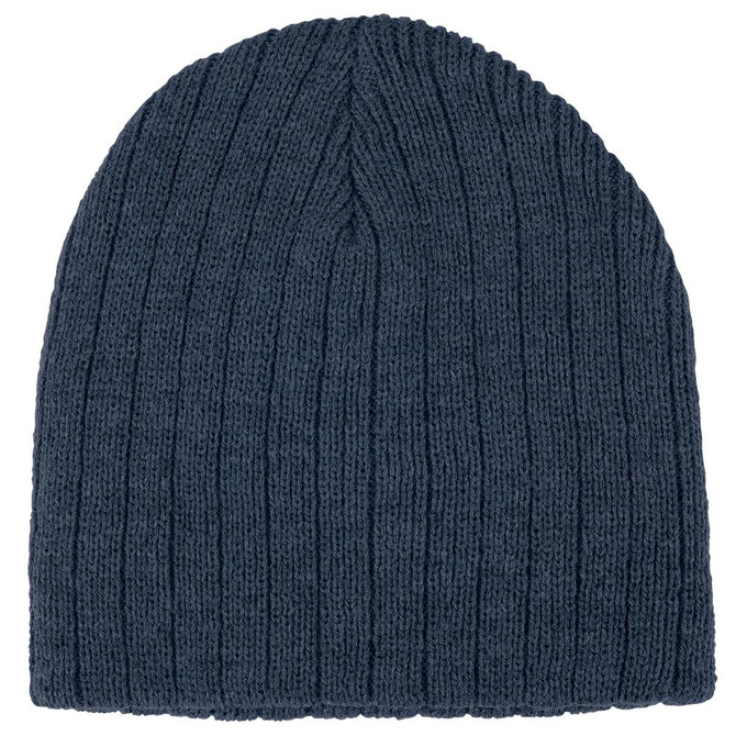 A dark blue cable knit beanie with a ribbed texture, featuring a logo on the side.