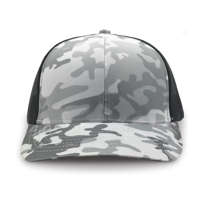 A grey and black trucker cap featuring a snow camouflage pattern and a mesh back with a logo.