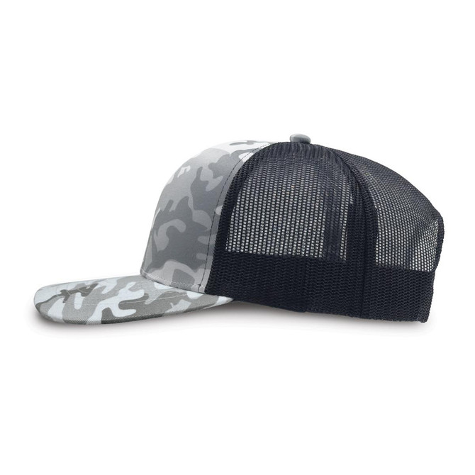 A trucker cap featuring a grey and white snow camouflage pattern, with a black mesh back and a curved peak.