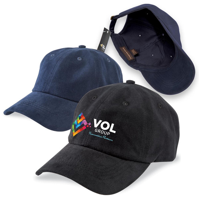 A navy and a black brushed cotton chino cap, featuring a logo on the front, with a view of the interior.