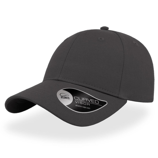 A grey cap with a curved visor and a branding tag visible on the side.
