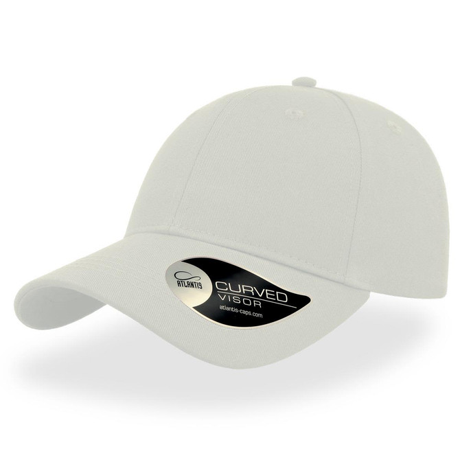 A light-coloured cap with a curved visor and a logo on the side.
