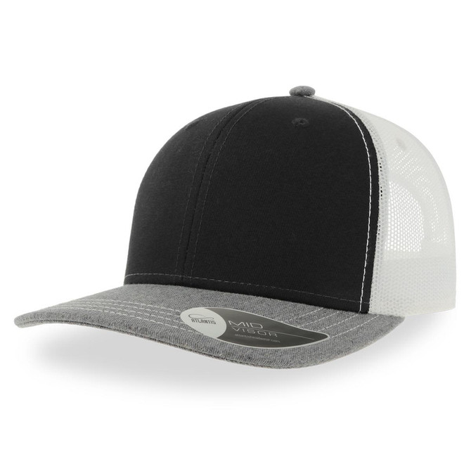 A black and grey trucker cap with a mesh back and a round, curved peak. It features a logo on the side.