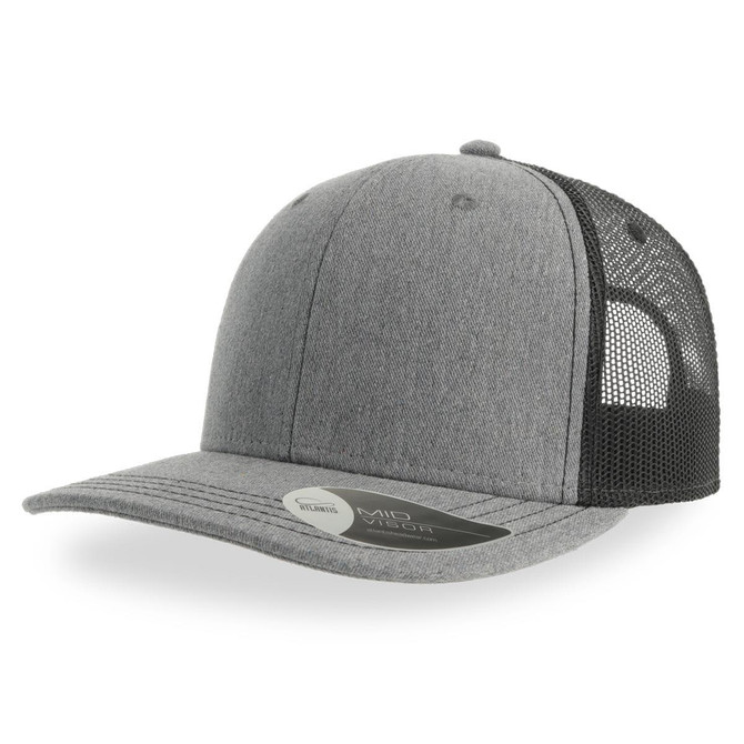 A grey trucker cap with a mesh back and a rounded brim, featuring a logo on the front.
