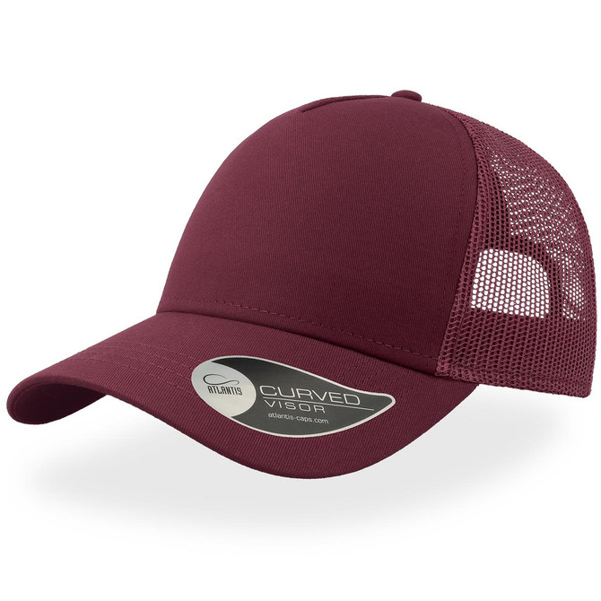 A maroon trucker cap featuring a curved visor and a mesh back. The cap has a logo on the side.