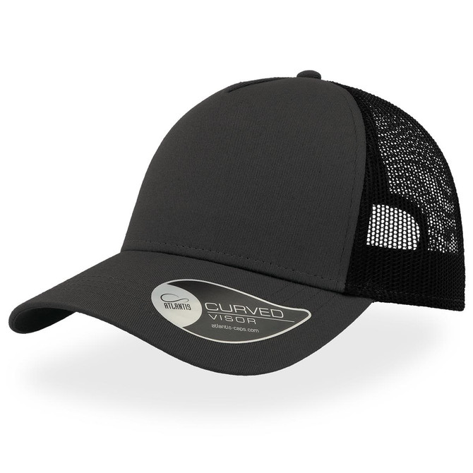 A black trucker cap with a curved visor and mesh back, featuring a branded logo on the side.
