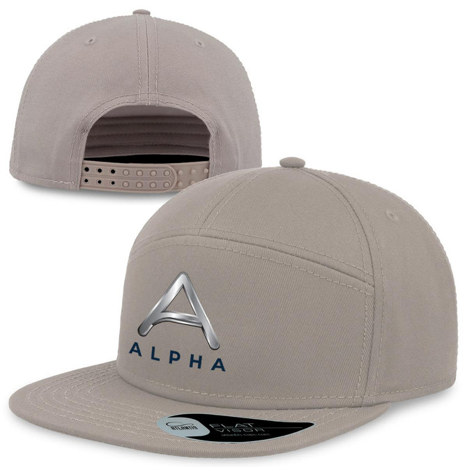 A light beige cap with a flat brim and a logo on the front. The back features an adjustable strap.