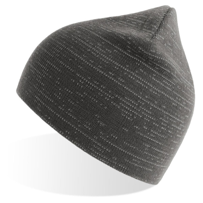 A grey beanie with a textured pattern and a pointed top. It features a logo on the side.