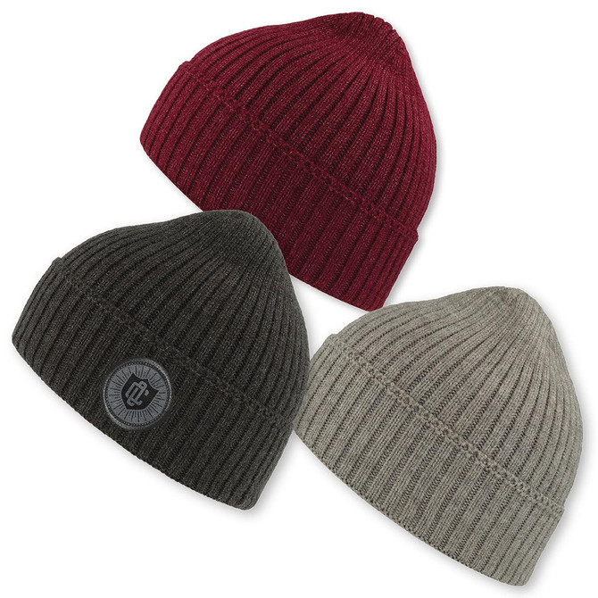 Three ribbed beanies in burgundy, grey, and dark green, each featuring a logo on one.