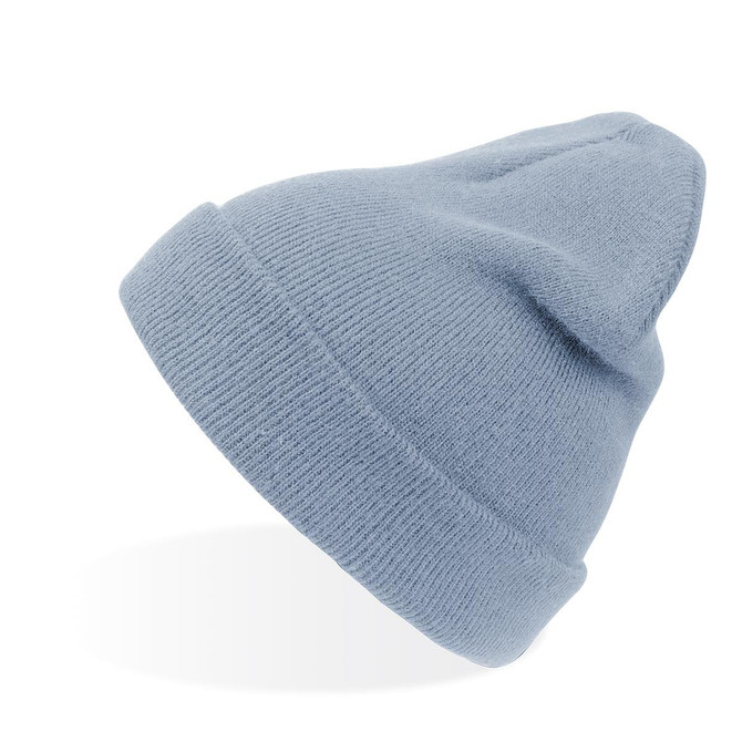 A light blue beanie with a rolled cuff and a soft texture, featuring a logo on the side.