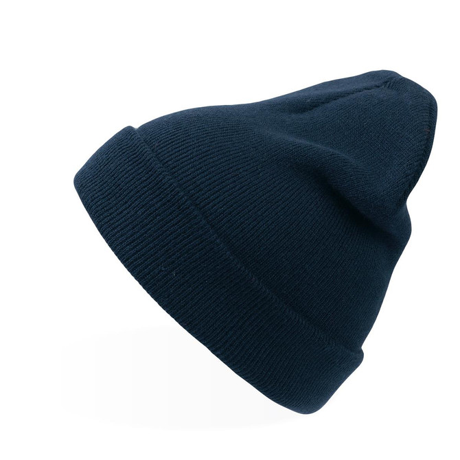 A navy blue beanie with a flexible fit, featuring a logo on the side.