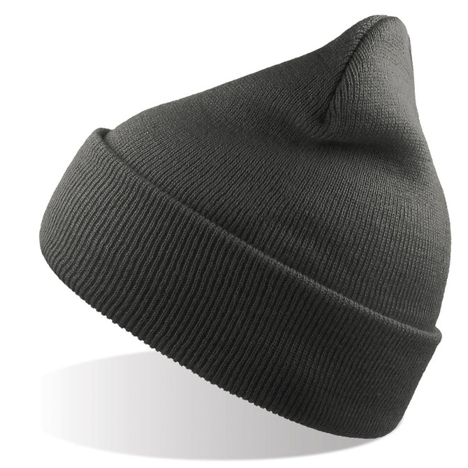 A grey beanie made from recycled polyester, featuring a ribbed texture and a folded cuff. It has a logo on it.