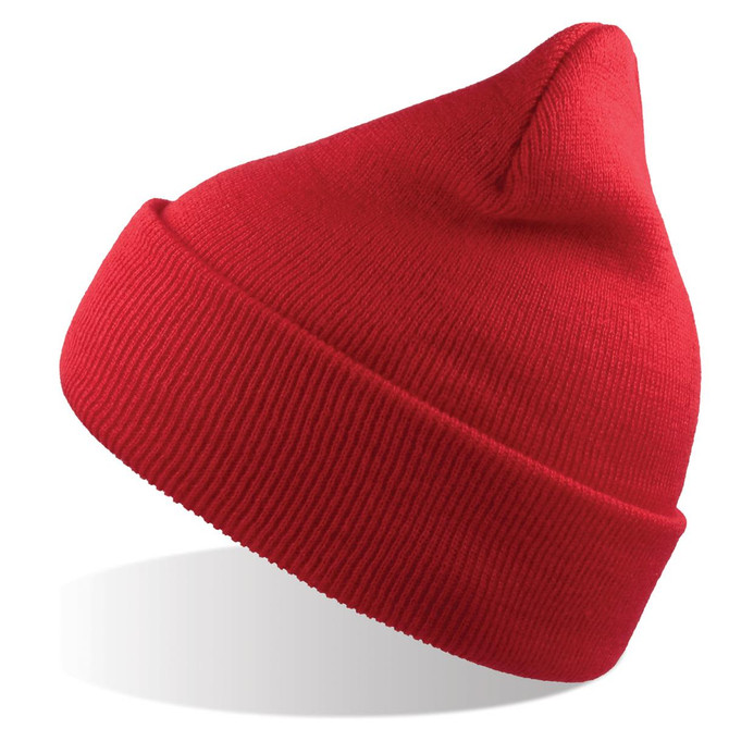 A red beanie made from recycled polyester, featuring a fold-up brim and a pointed top. It has a logo.