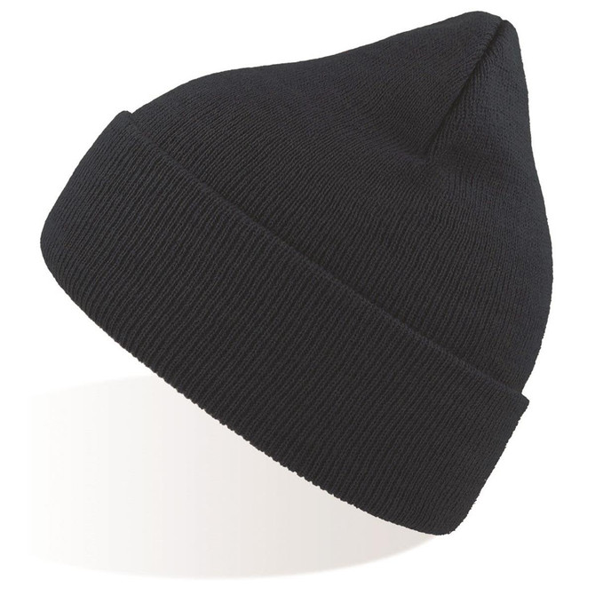 A black beanie with a ribbed texture and a tapered top, featuring a logo on the side.