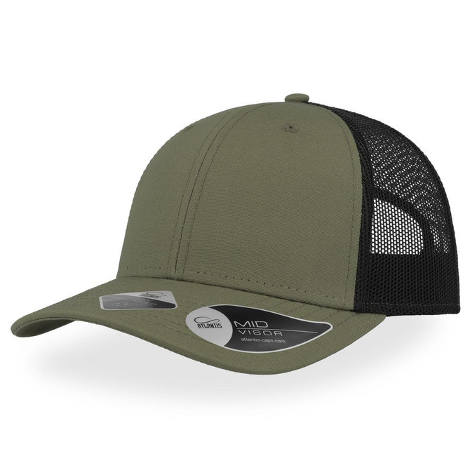 A green cap with a black mesh back, featuring a rounded visor and a branded tag on the side.