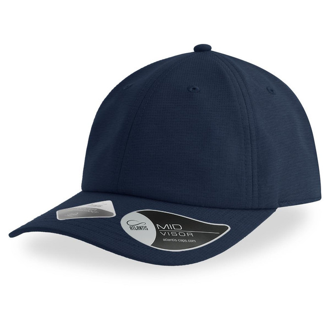 A navy cap with a mid visor, featuring a branded tag on the side.