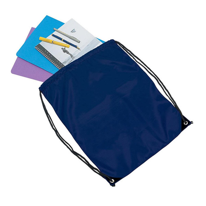 A navy drawstring bag with assorted stationery items, including notebooks and pens, partially visible inside.