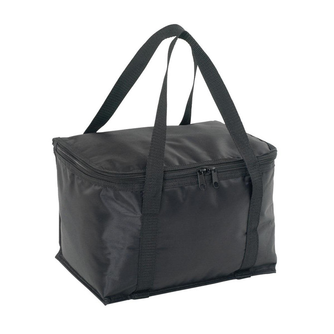 A black cooler bag with dual handles and a zip closure, featuring a simple design. It includes a logo on the front.