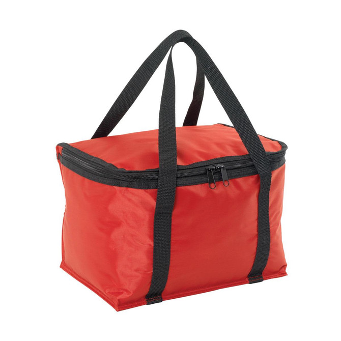 A red cooler bag with black handles and a zippered closure, featuring a simple design and a sturdy build.