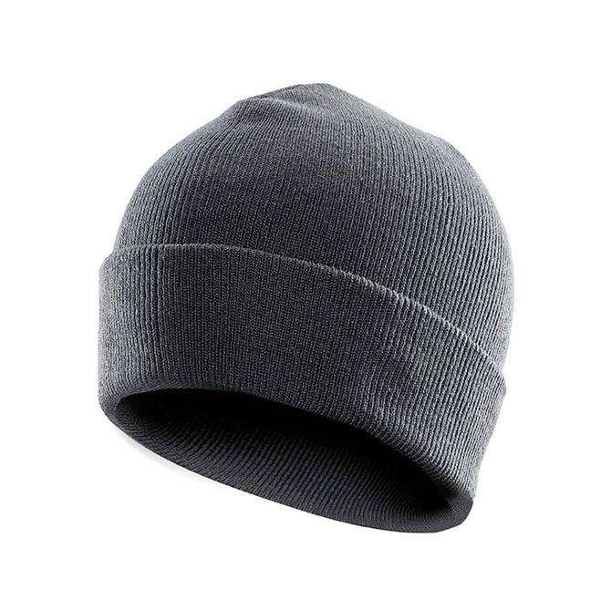 A dark grey knit beanie with a turned-up cuff and subtle branding.