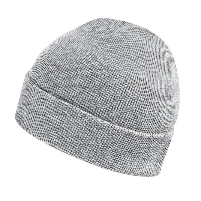 A grey knit beanie with a simple design and a branding logo on the side.