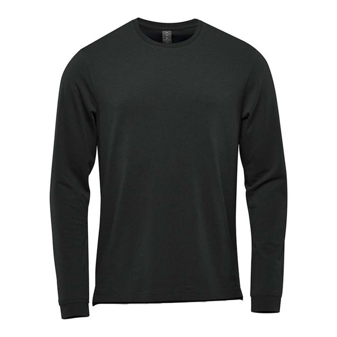 A long sleeve tee in dark green featuring a round neck and a simple design. It has a branding logo.