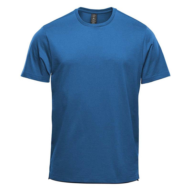 A blue short sleeve t-shirt featuring a logo on the label. Fabric is smooth and casual in style.