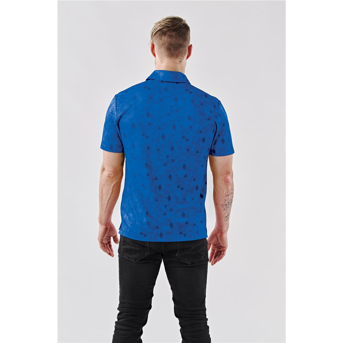 A blue polo shirt with a patterned design, featuring a collar and short sleeves, shown from the back.