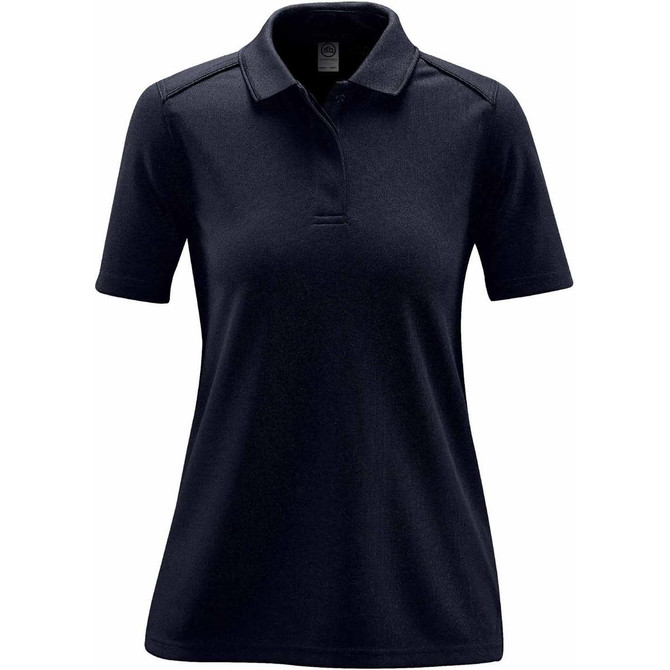A navy blue women's polo shirt with a classic collar and short sleeves, featuring a logo.