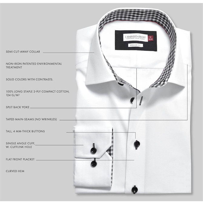 A white button-up shirt with a semi cut-away collar, contrasting black and white check details, and single cuff design.