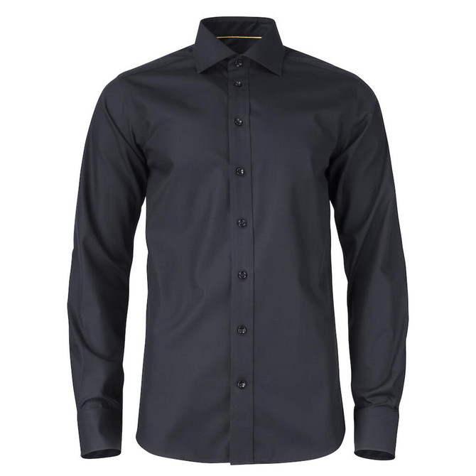 A button-up shirt in black with long sleeves and a collar, featuring a front button placket and a subtle logo.