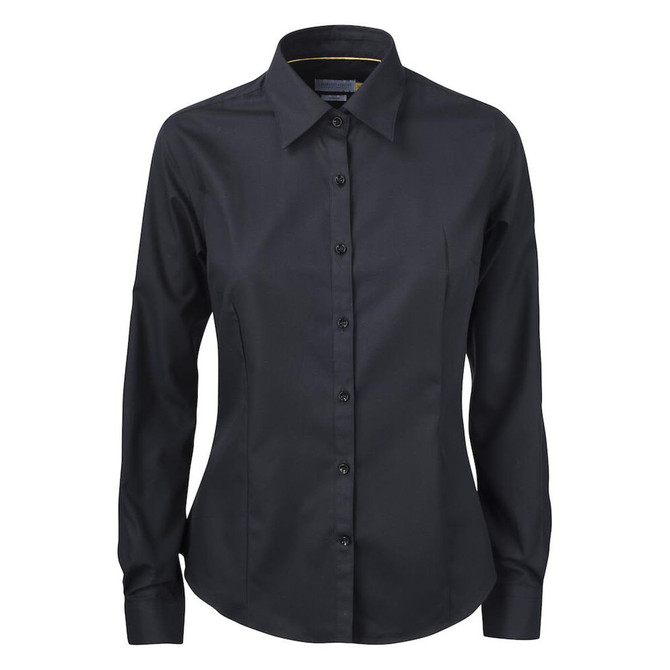 A black button-up shirt for women with a fitted design and long sleeves. The shirt features a collar and buttons.