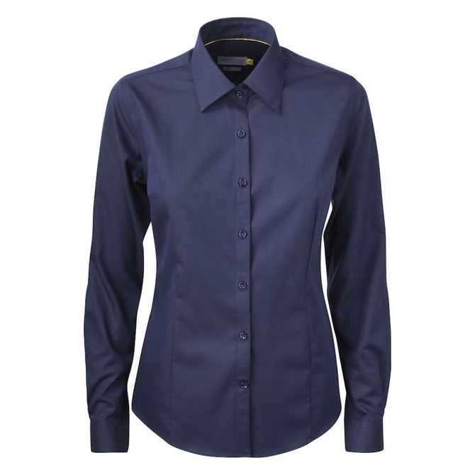 A women's button-up shirt in navy blue with a collar and long sleeves, featuring buttons down the front and a logo.
