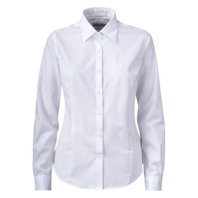A white button-up shirt with long sleeves and a collared neckline, featuring a logo on the chest area.