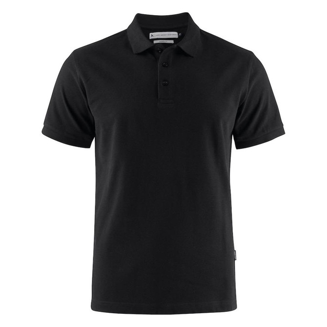 A black modern cotton polo shirt with a collar and three buttons, featuring a logo on the side.