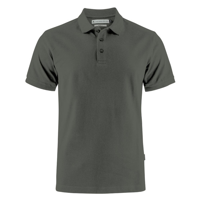 A dark green cotton polo shirt with a collar and three buttons, featuring a branding logo.