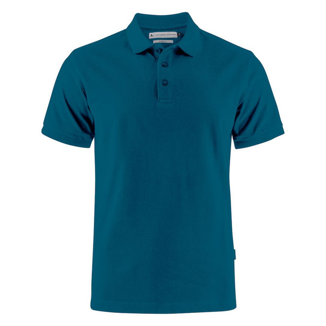 A teal men's cotton polo shirt with a classic collar and three buttons, featuring a logo.