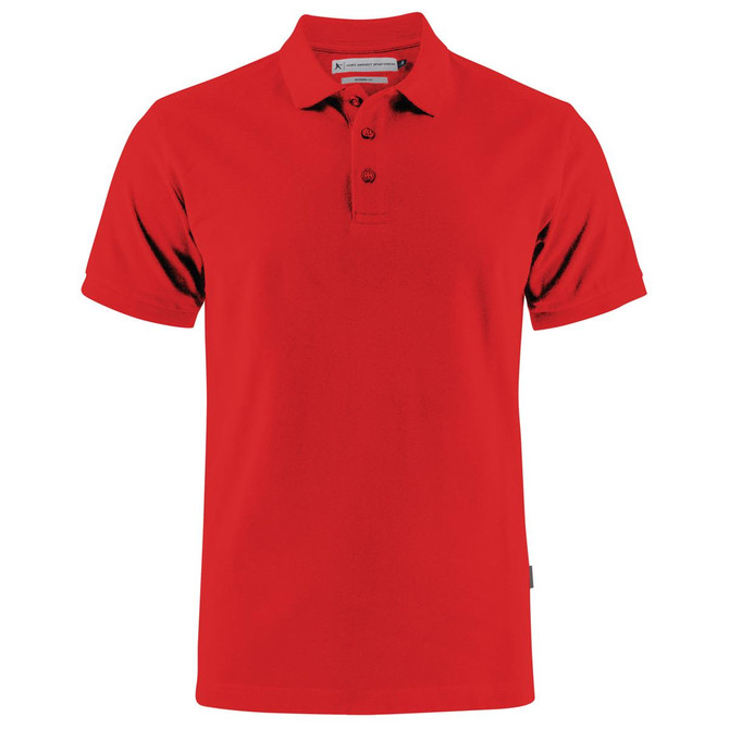 A red cotton polo shirt with a classic collar and three buttons, featuring a logo on the side.