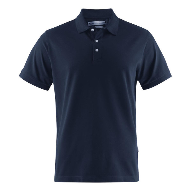 A navy blue men's polo shirt with a collared neck and three buttons, featuring a brand logo.