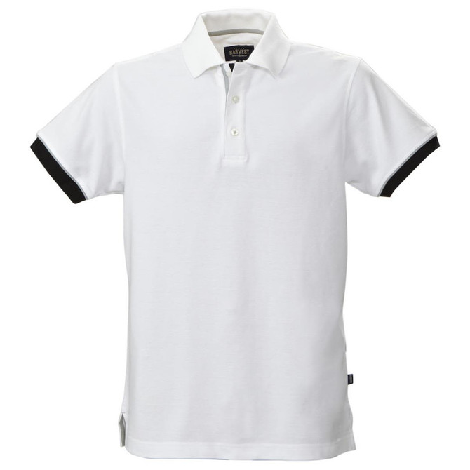 A white men's cotton polo shirt with black accents and a collar, featuring a branding logo.