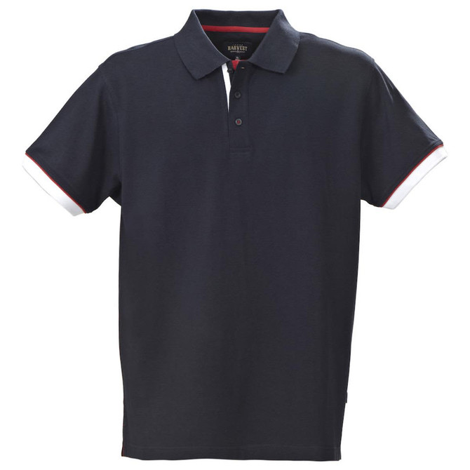 A navy blue cotton polo shirt with contrasting collar and sleeve detailing. Features a logo on the chest.