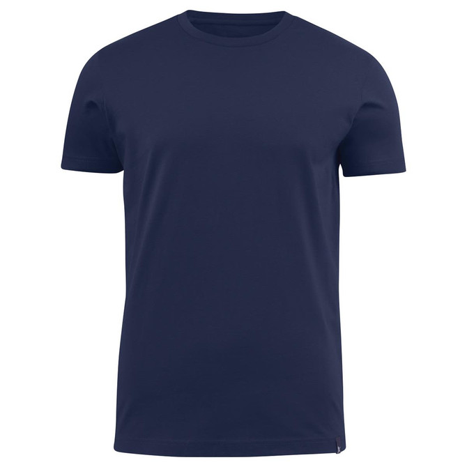 A navy blue crew neck tee featuring short sleeves and a logo on the side.