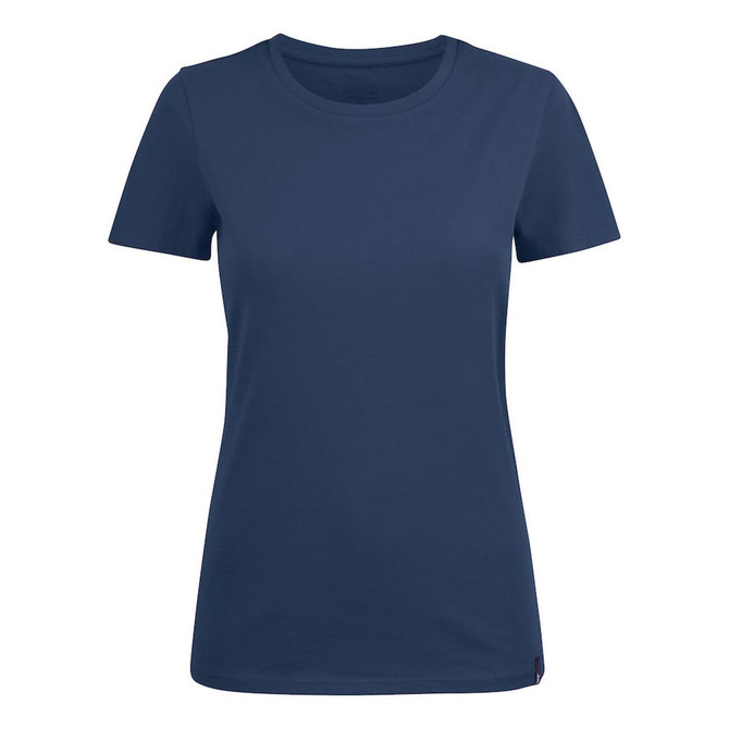 A women's crew neck tee in navy blue with short sleeves and a logo on the side.
