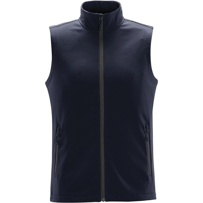 A navy blue softshell vest with a high collar and side zip pockets. It features a logo on the chest.