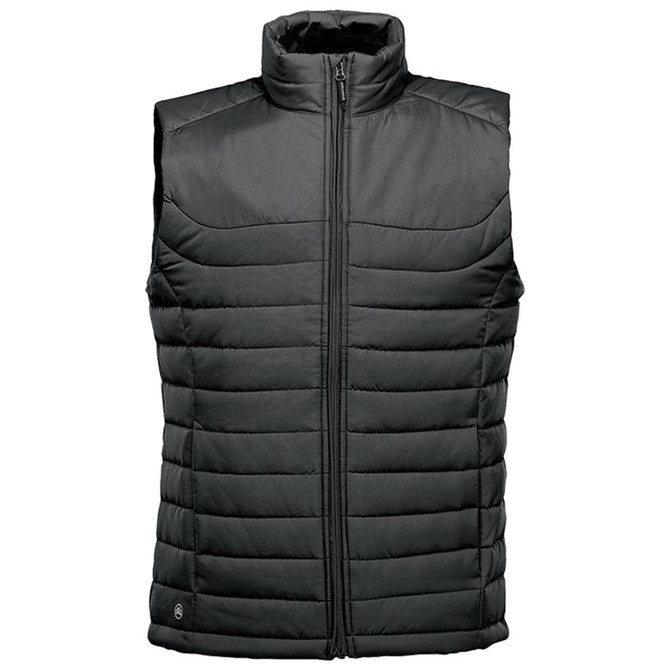 A men's quilted vest in dark grey with a high collar and front zip, featuring a logo on the lower side.