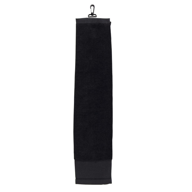 A black golf towel with a hanging clip, featuring a soft texture and a sleek design.