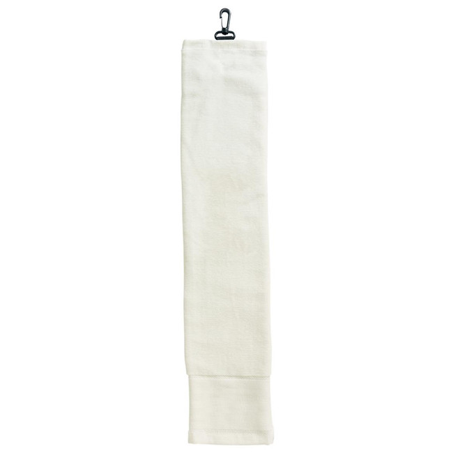 A white golf towel with a hanging clip. The towel is neatly folded and features a plain design.