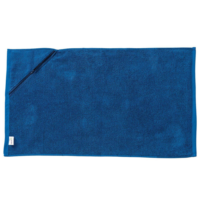 A blue gym towel featuring a pocket and a logo. It's made of soft, absorbent fabric, perfect for workouts.