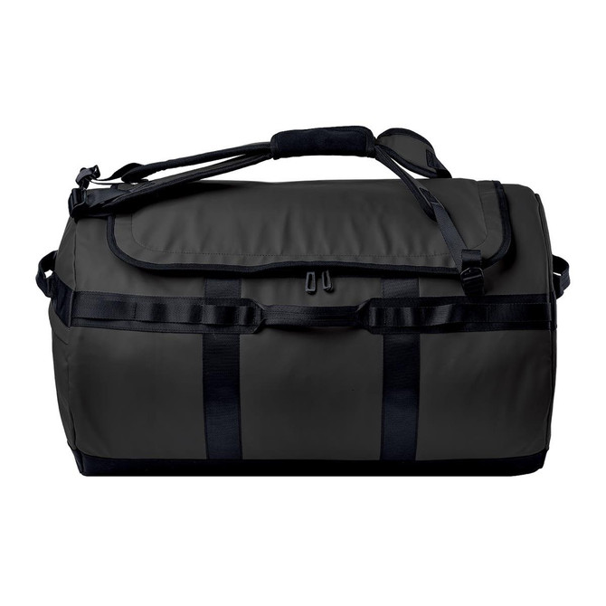 A black duffle bag with a padded shoulder strap and carrying handles, featuring a logo on the side.