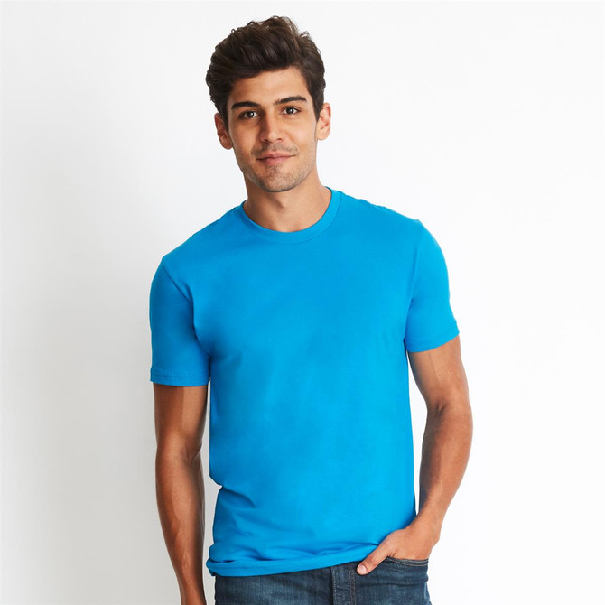 A bright blue men's cotton crew t-shirt displayed on a model against a plain background.